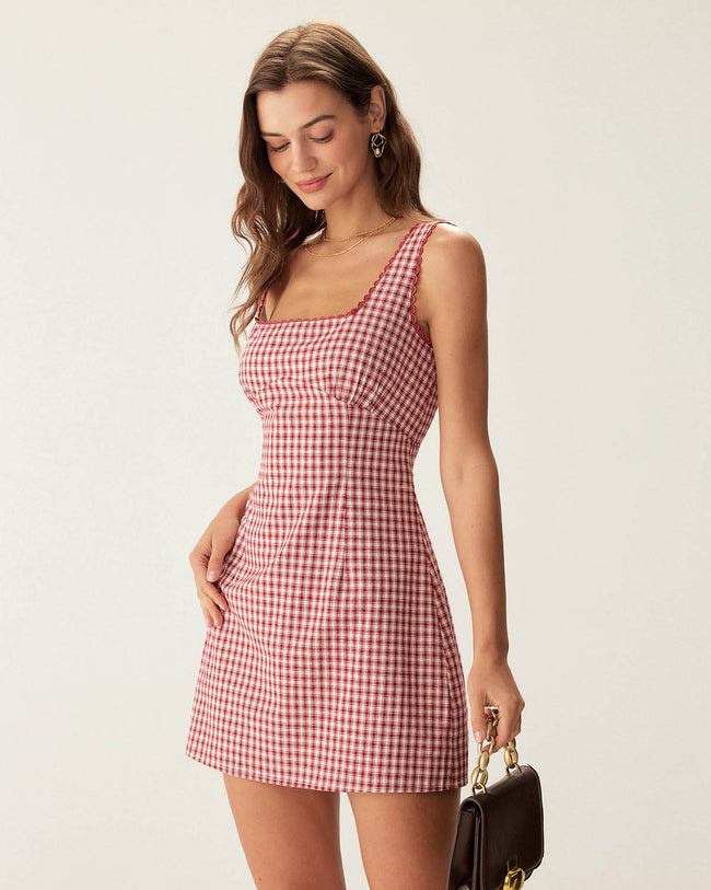 Red Plaid Square Neck Slip Mini Dress - RIHOAS