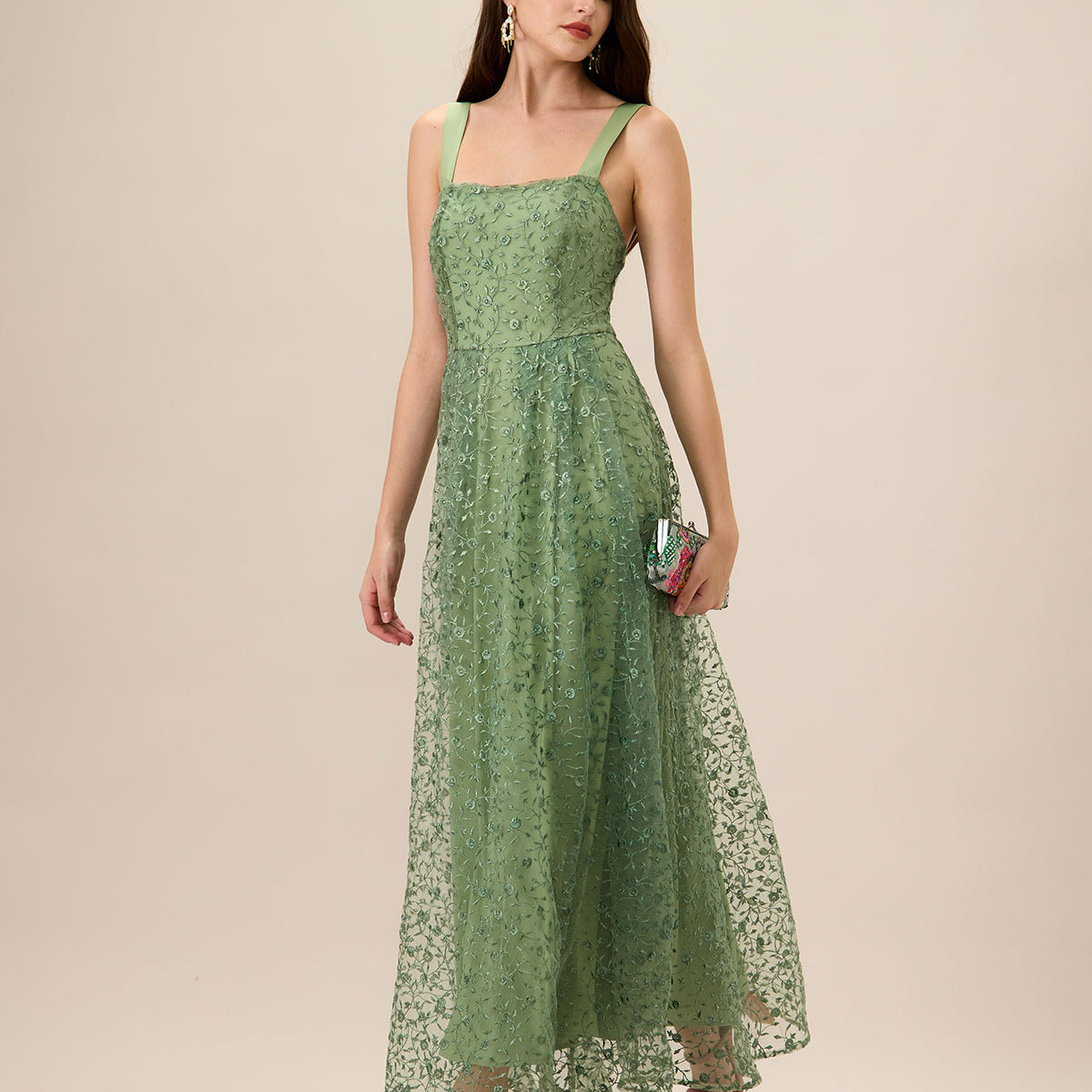 mesh dress embroidered Women's Green Embroidery Slip Maxi & Reviews - Green - Dresses Jump-August25 Color:Ivory Silk ready ensemble Strappy Square Neck Puffball