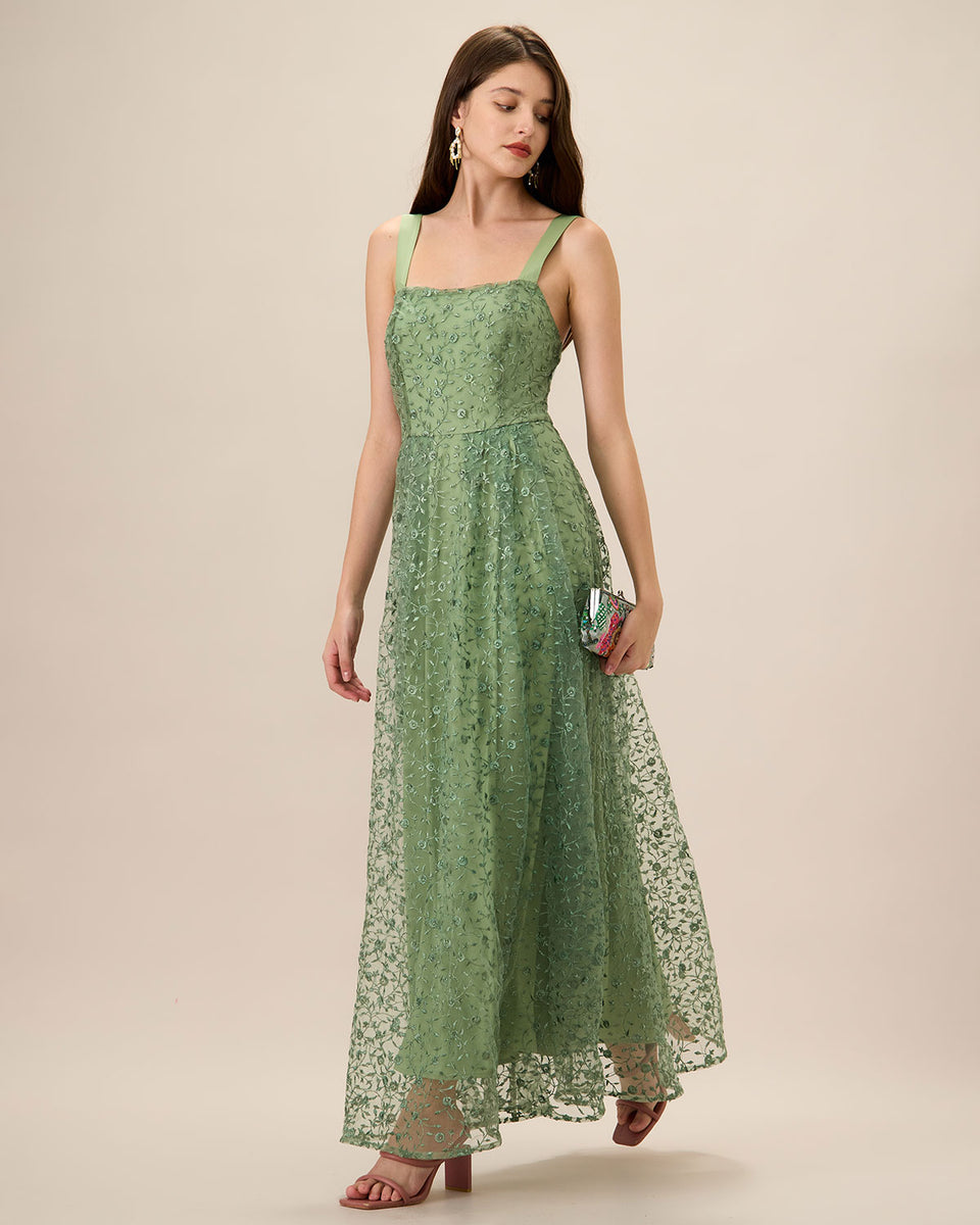 Women's Green Embroidery Mesh Slip Maxi Dress Reviews Green Dresses RIHOAS
