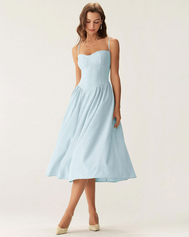 Women Woven Polyester Dresses Light Blue Dresses - RIHOAS