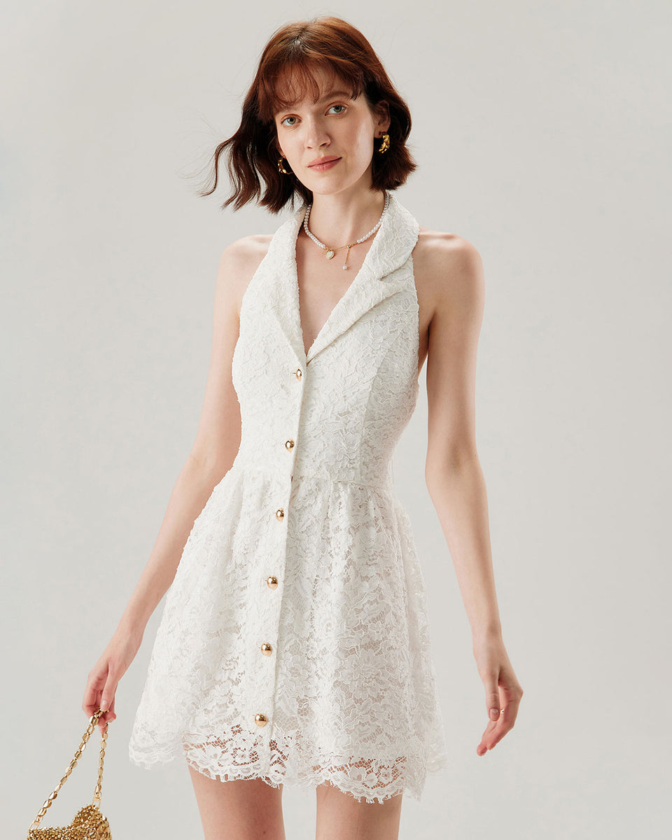 Rihoas Lace Collared Sleeveless Mini Dress for Women, White / L