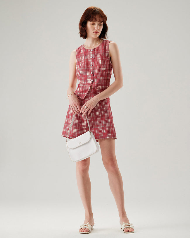 Red Plaid Single Breasted Vest - RIHOAS