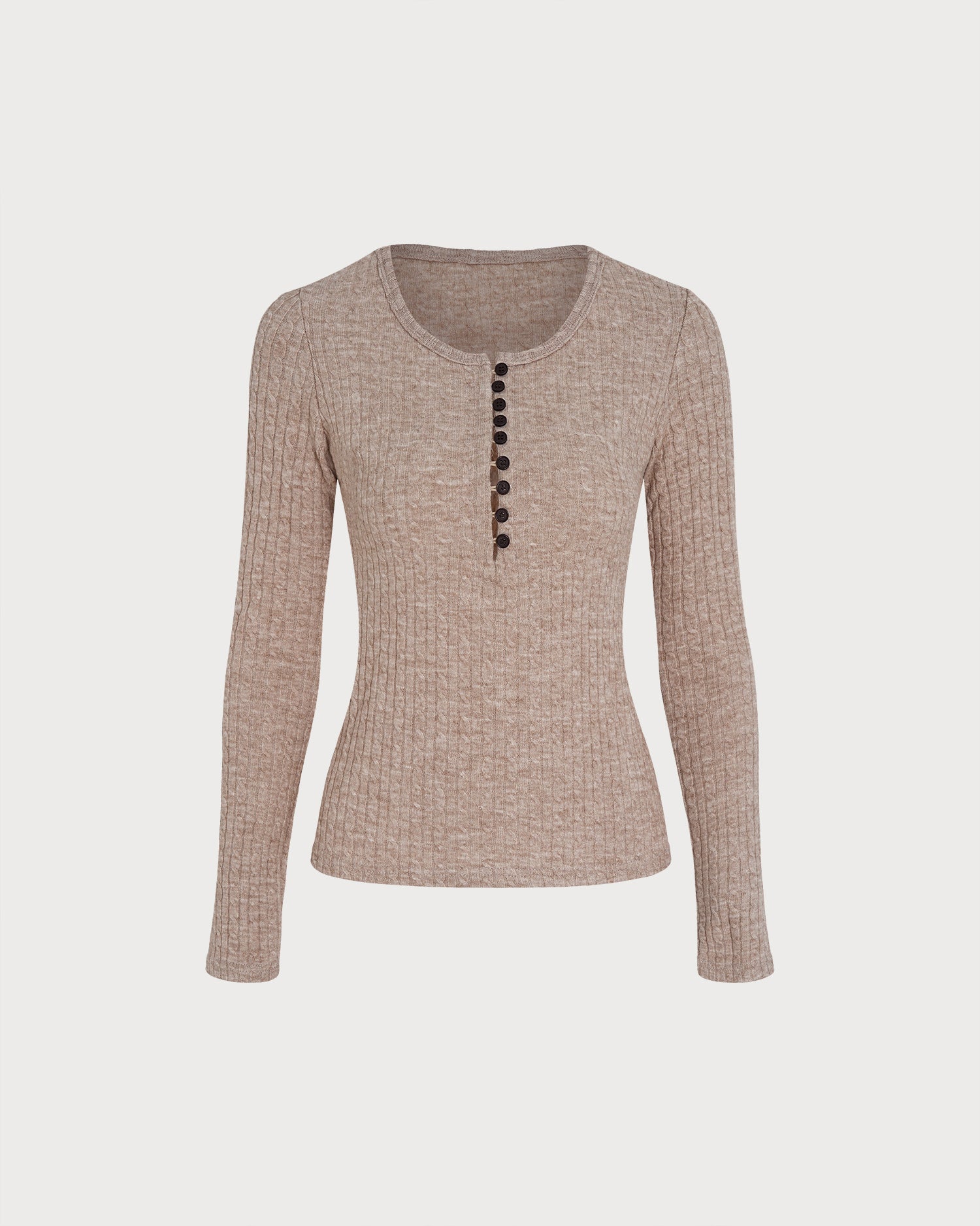 Camel V Neck Button Knit Sweater 02