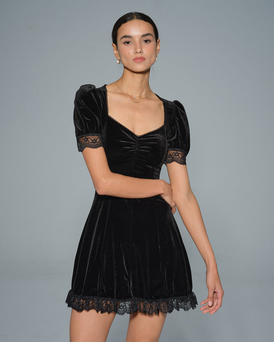 Black Lace V Neck Velour Mini Dress & Reviews - Black - Dresses