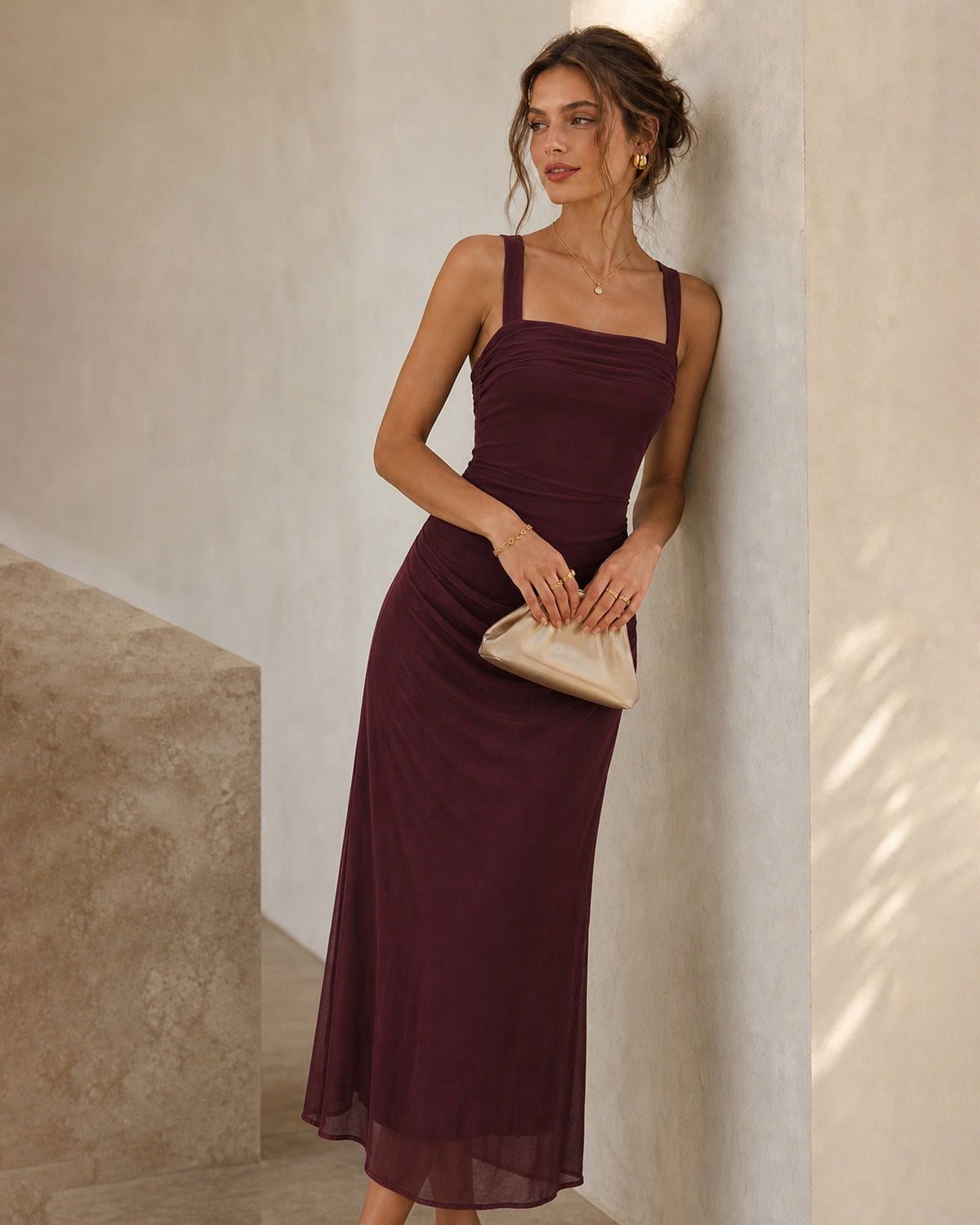 Women's Knitted Polyester Maxi Dresses Wine Red - RIHOAS