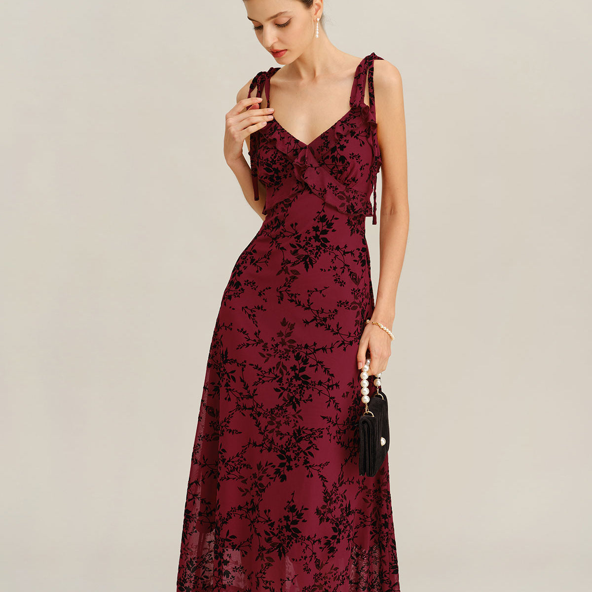 ruffle floral print midi dress in burgundy Red Slip & Reviews - Red - Dresses garden parties collection:accessories Lavender A-line Illusion Tulle Size:31/32