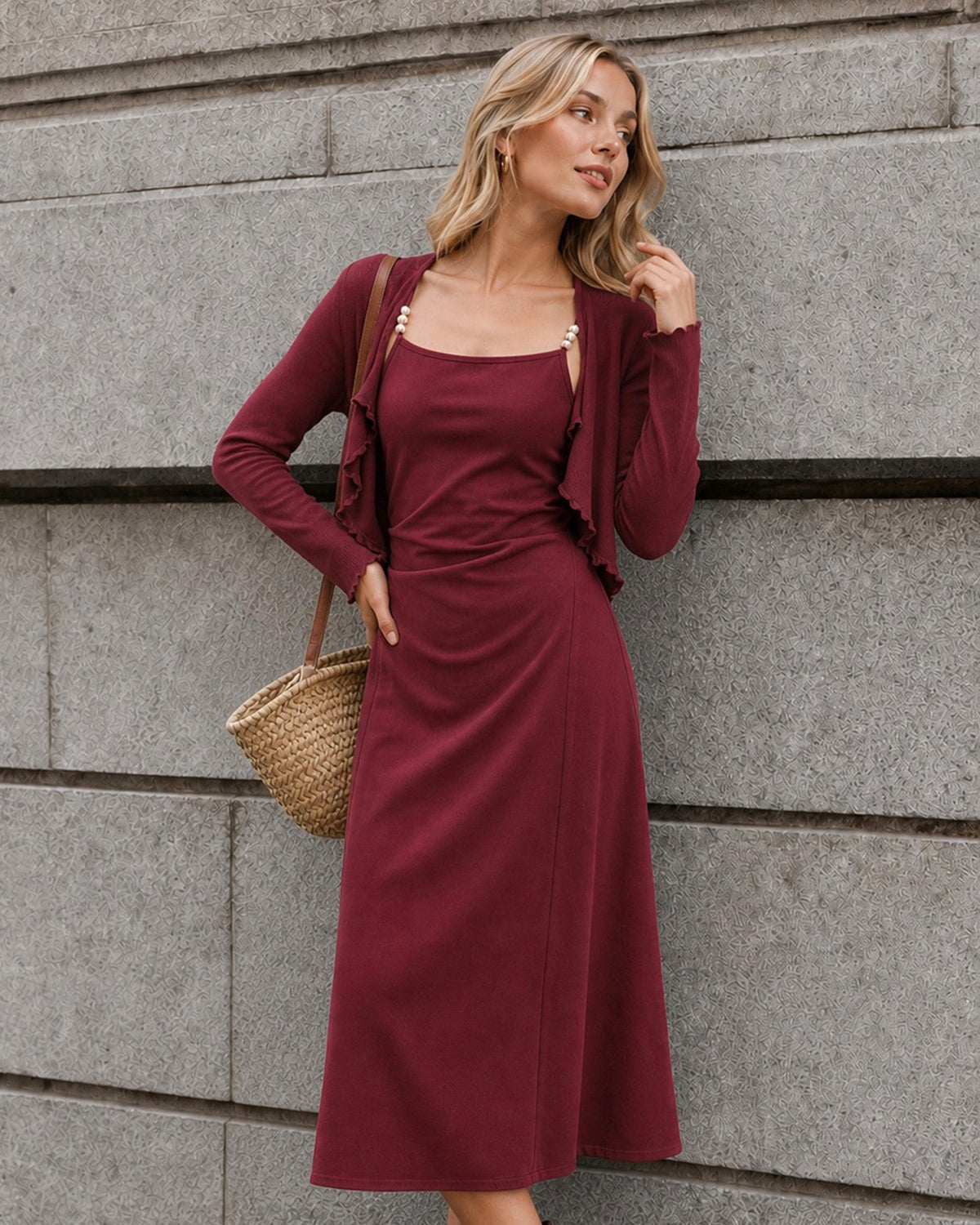 Women's Knitted Polyester Midi Dresses - RIHOAS