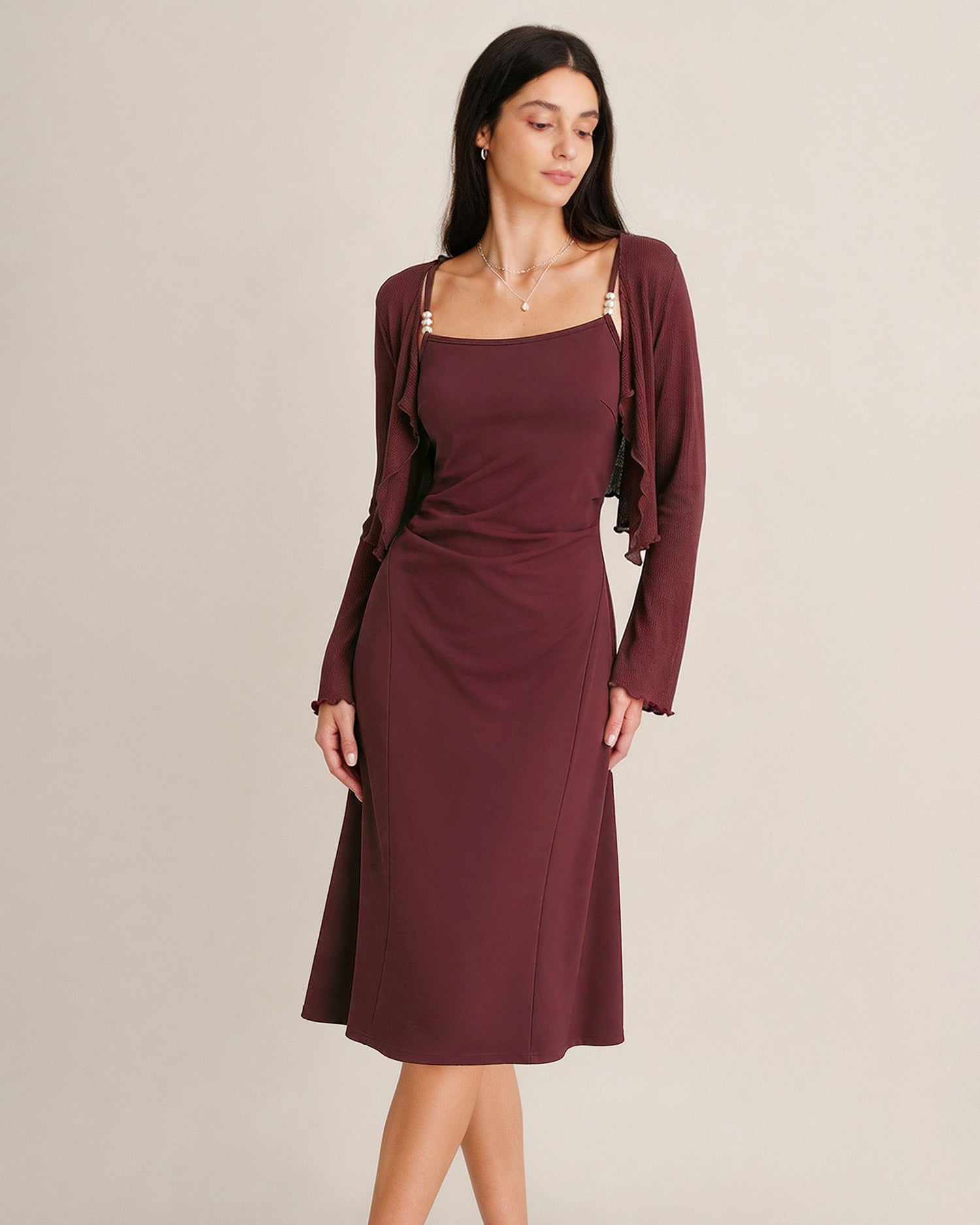 Women's Knitted Polyester Midi Dresses Wine Red - RIHOAS