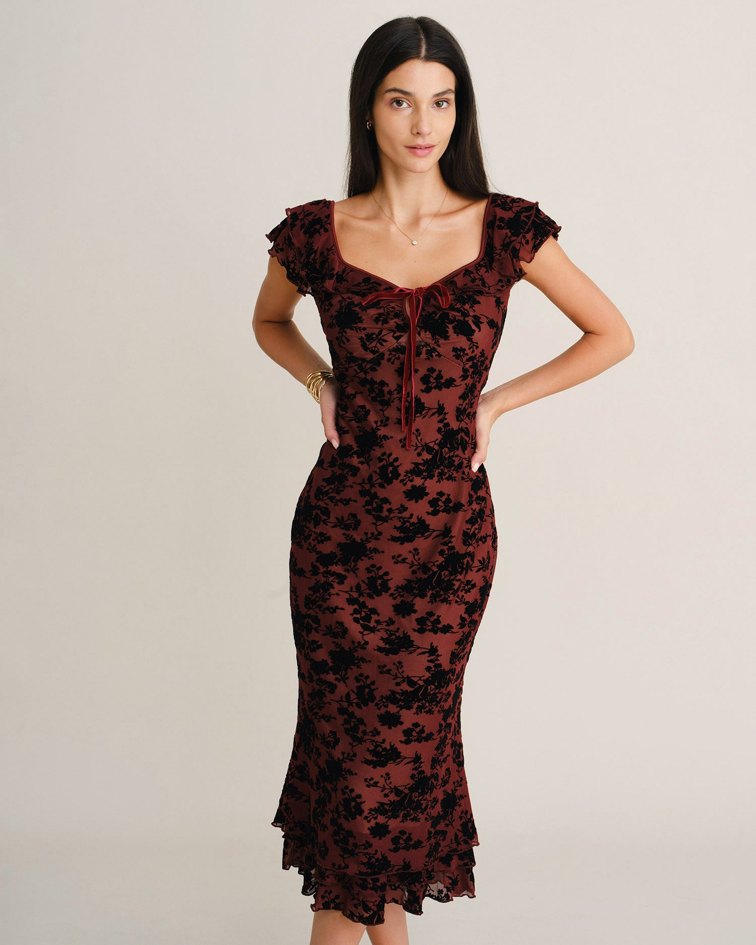 Women's Knitted Polyester Midi Dresses Wine Red - RIHOAS