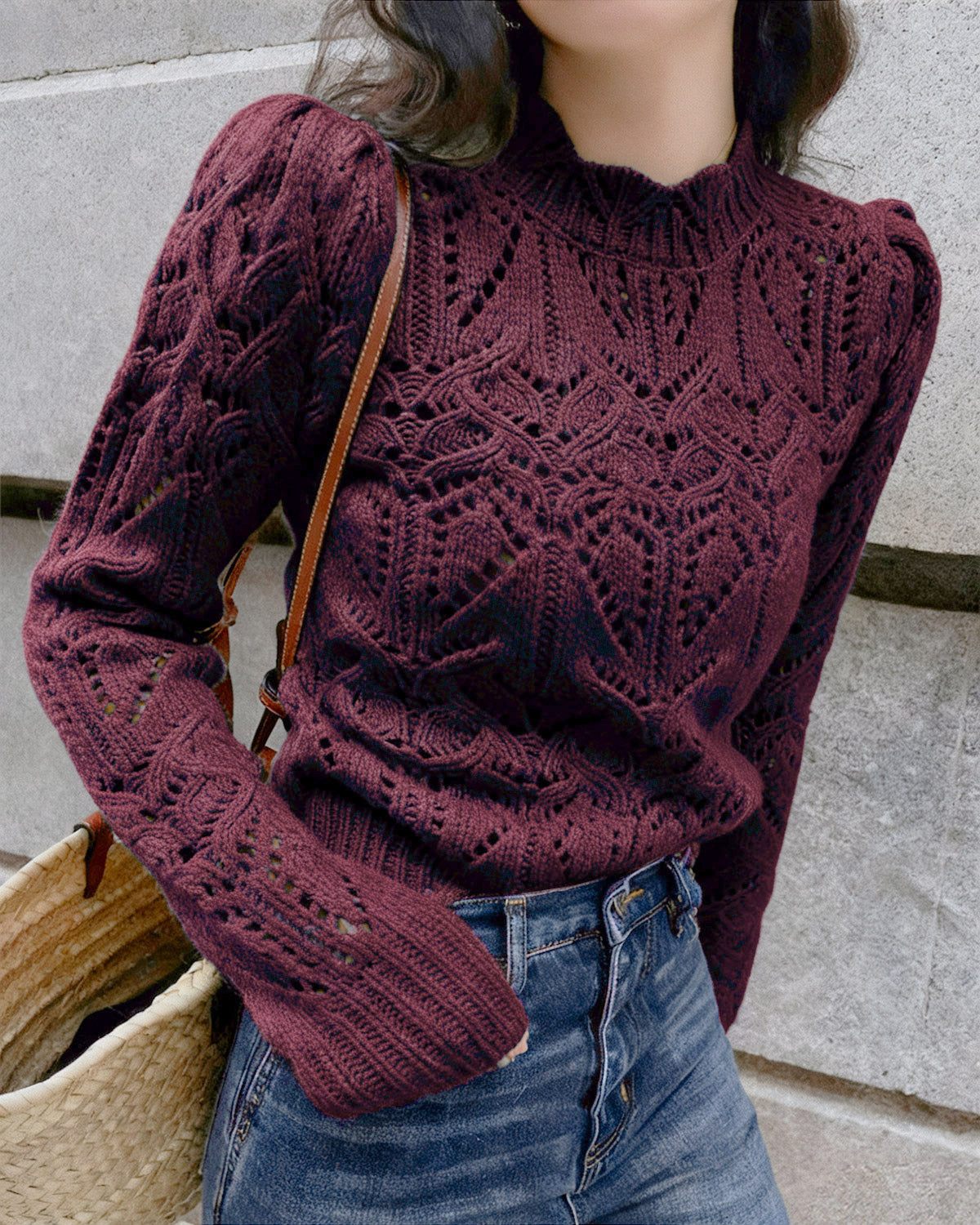 Women's Knitted Polyester Sweater Wine Red - RIHOAS