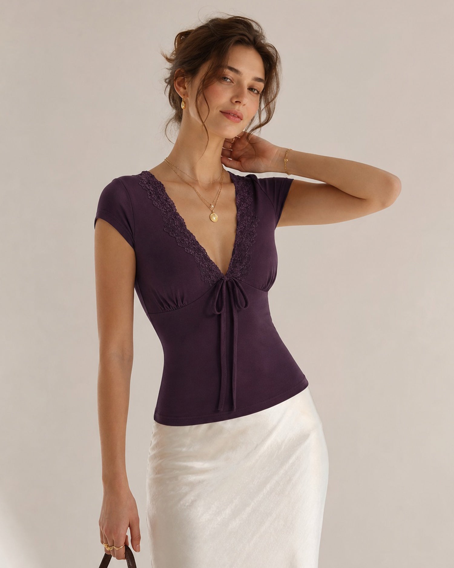 Purple V Neck Tie Lace Tee Purple - RIHOAS