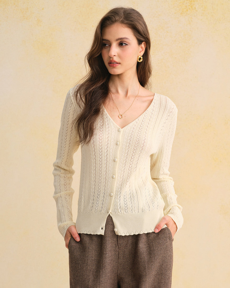 Beige V Neck Slim Knit Cardigan & Reviews - Beige - Tops