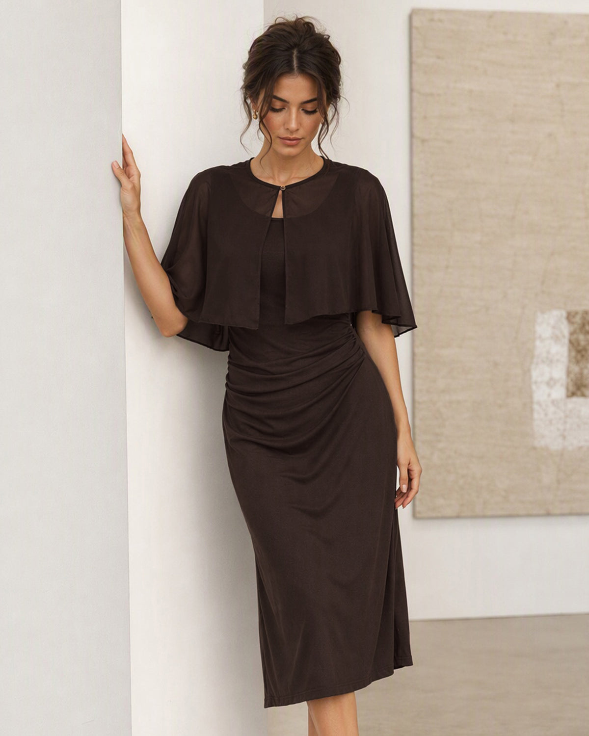 Women's Knitted Viscose Midi Dresses Brown - RIHOAS