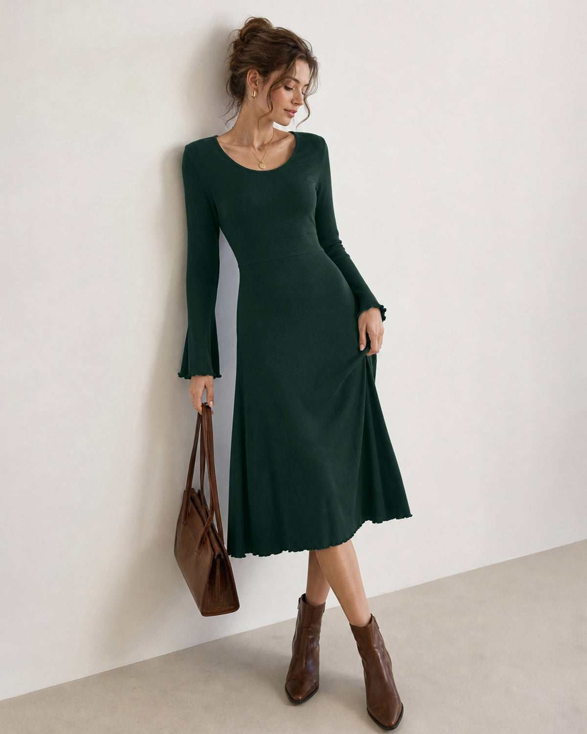 Women's Knitted Viscose Midi Dresses Green - RIHOAS
