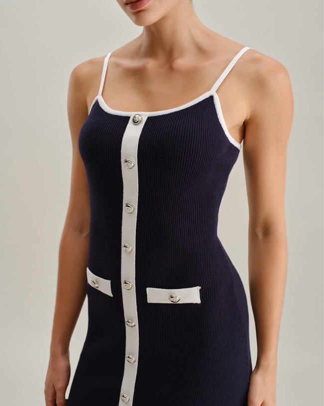 Blue Backless Sleeveless Pocket Knitted Mini Dress