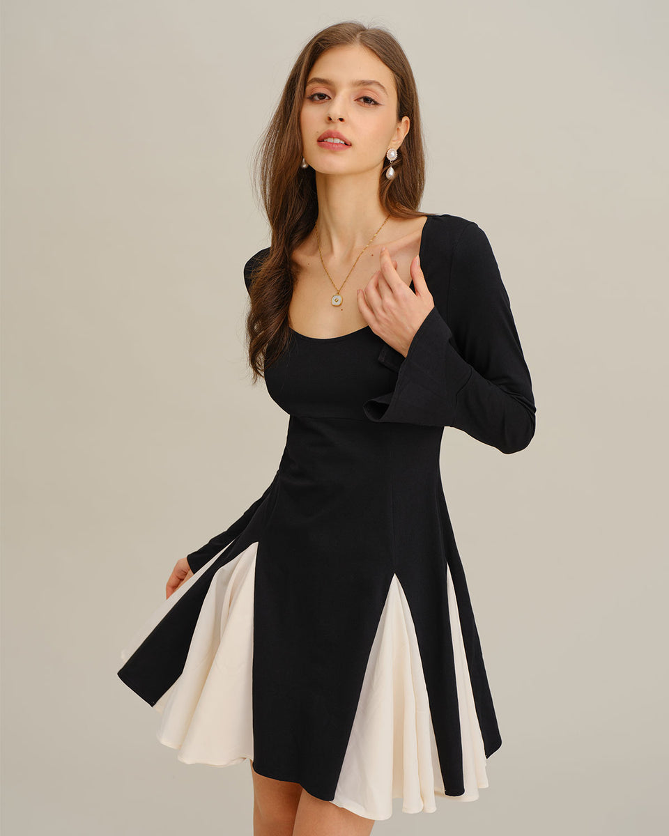 Black Contrasting Bell Sleeve Mini Dress & Reviews - Black - Dresses | RIHOAS