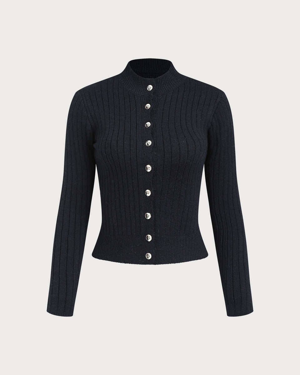 Black Single Breasted Knit Cardigan & Reviews - Black - Tops