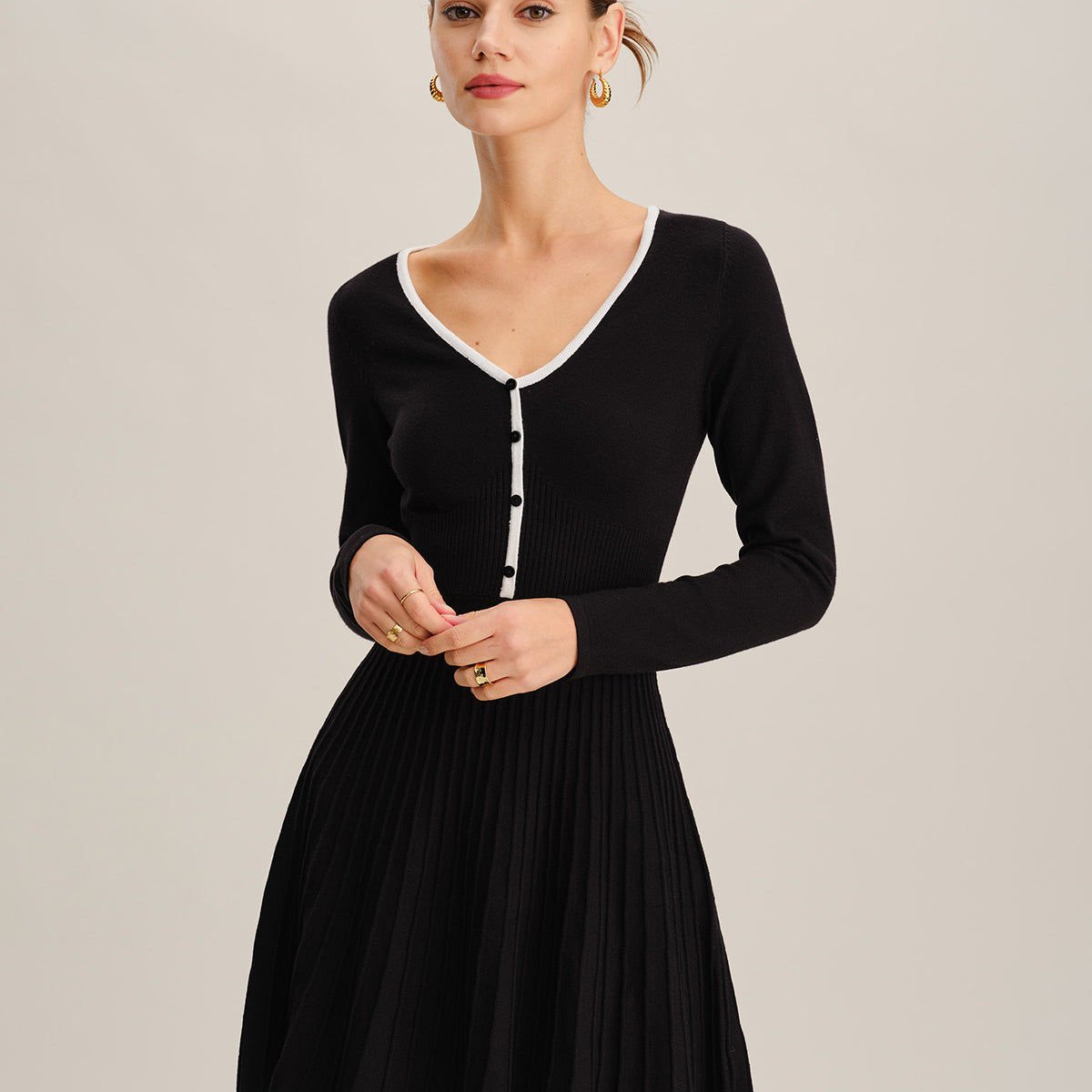 Black Contrasting V Neck Sweater Dress & Reviews - Black - Dresses