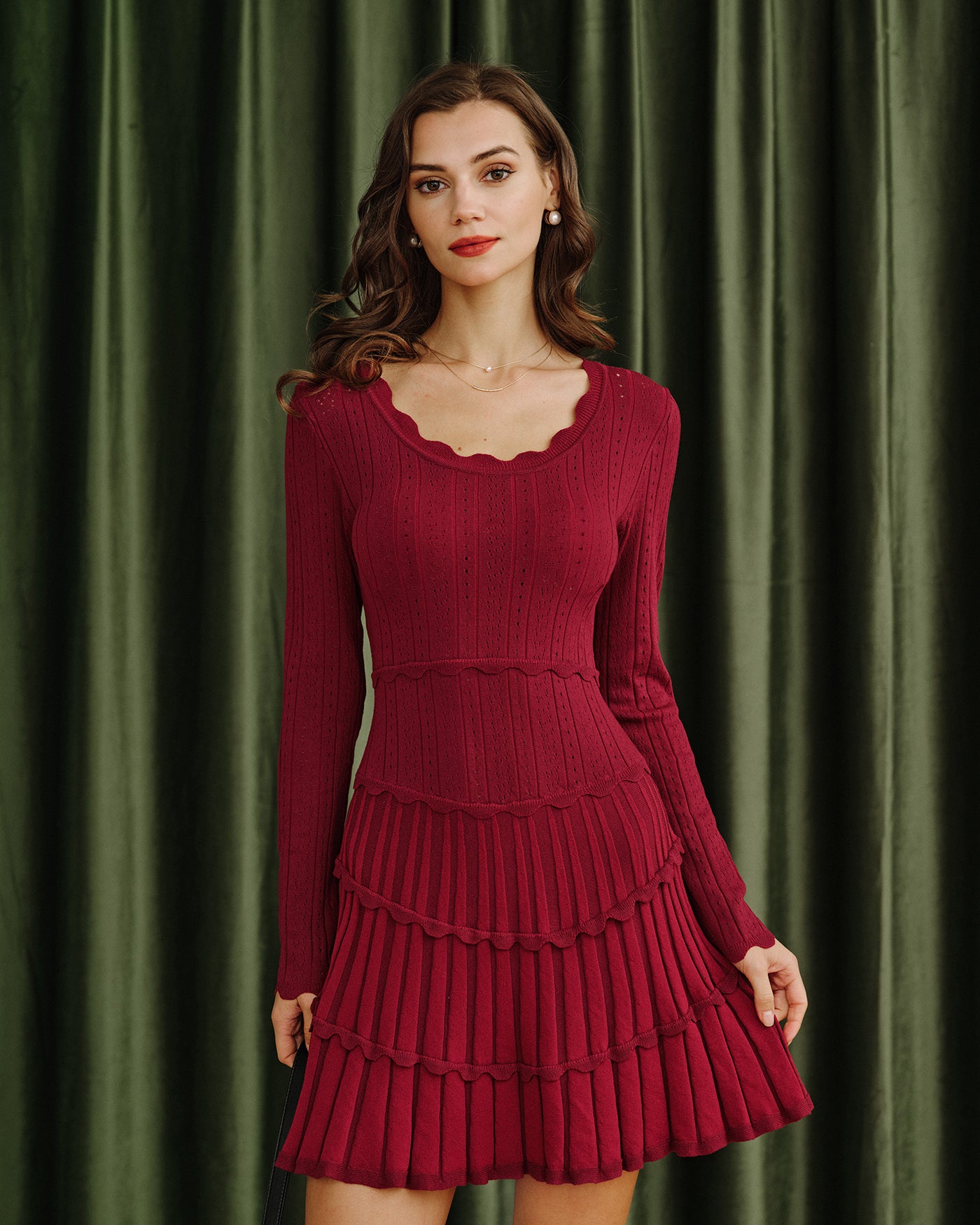 Women's Knitted Viscose Sweater Dress Wine Red Dresses - RIHOAS