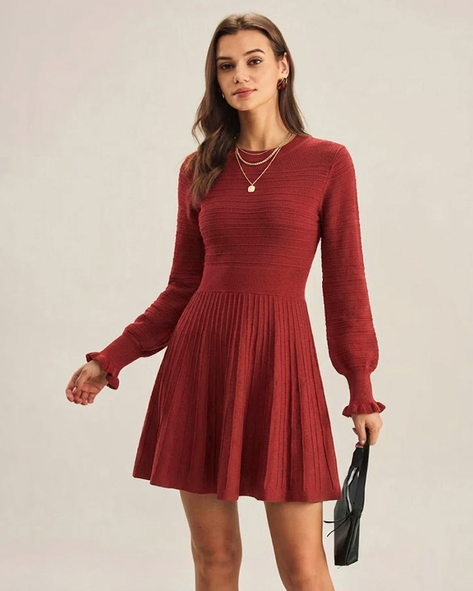 Rihoas Pleated Sweater Dress Lantern Sleeve Ruffle Cuff, Red / M Rihoas Pleated Sweater Dress Lantern Sleeve Ruffle Cuff, Red / M