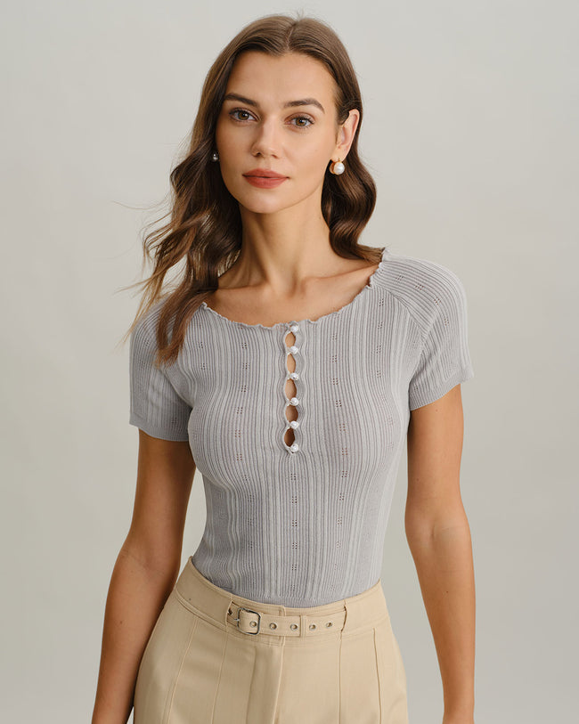 Women's Knitted Viscose Sweater Grey Tops - RIHOAS