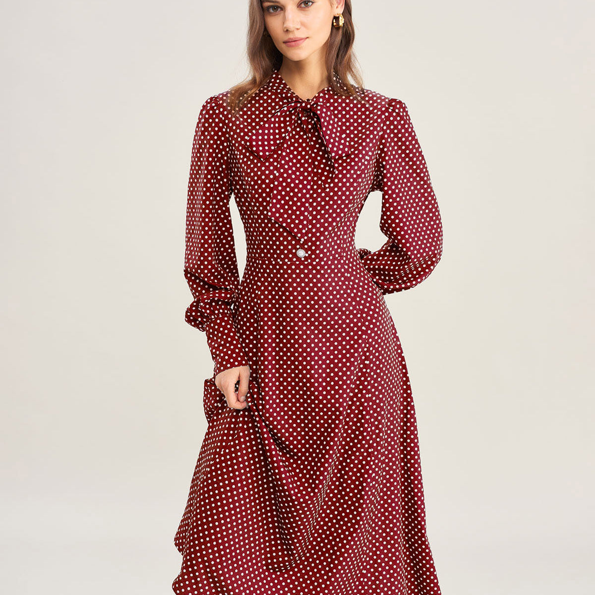 Wine Red Bishop Sleeve Polka Dot Midi Dress & Reviews - Wine Red - Dresses