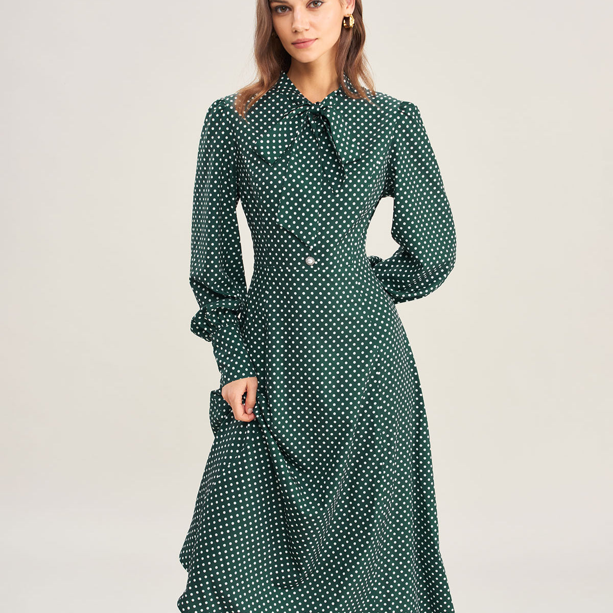 Green Polka Dot Tie Neck Midi Dress & Reviews - Green - Dresses