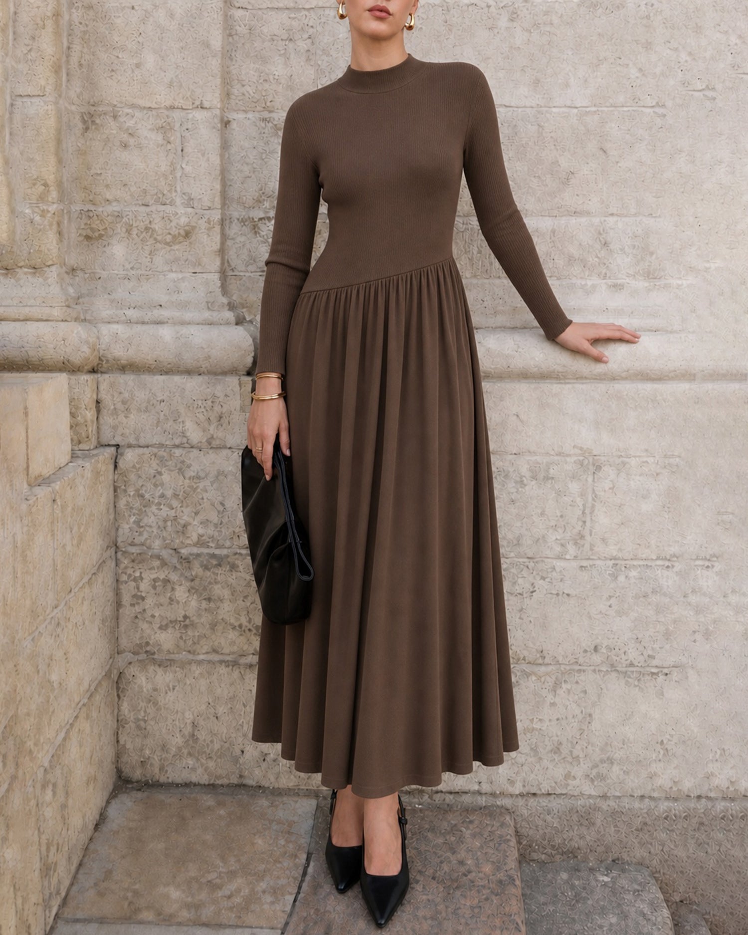 Women's Polyester Knit Maxi Dress Coffee - RIHOAS