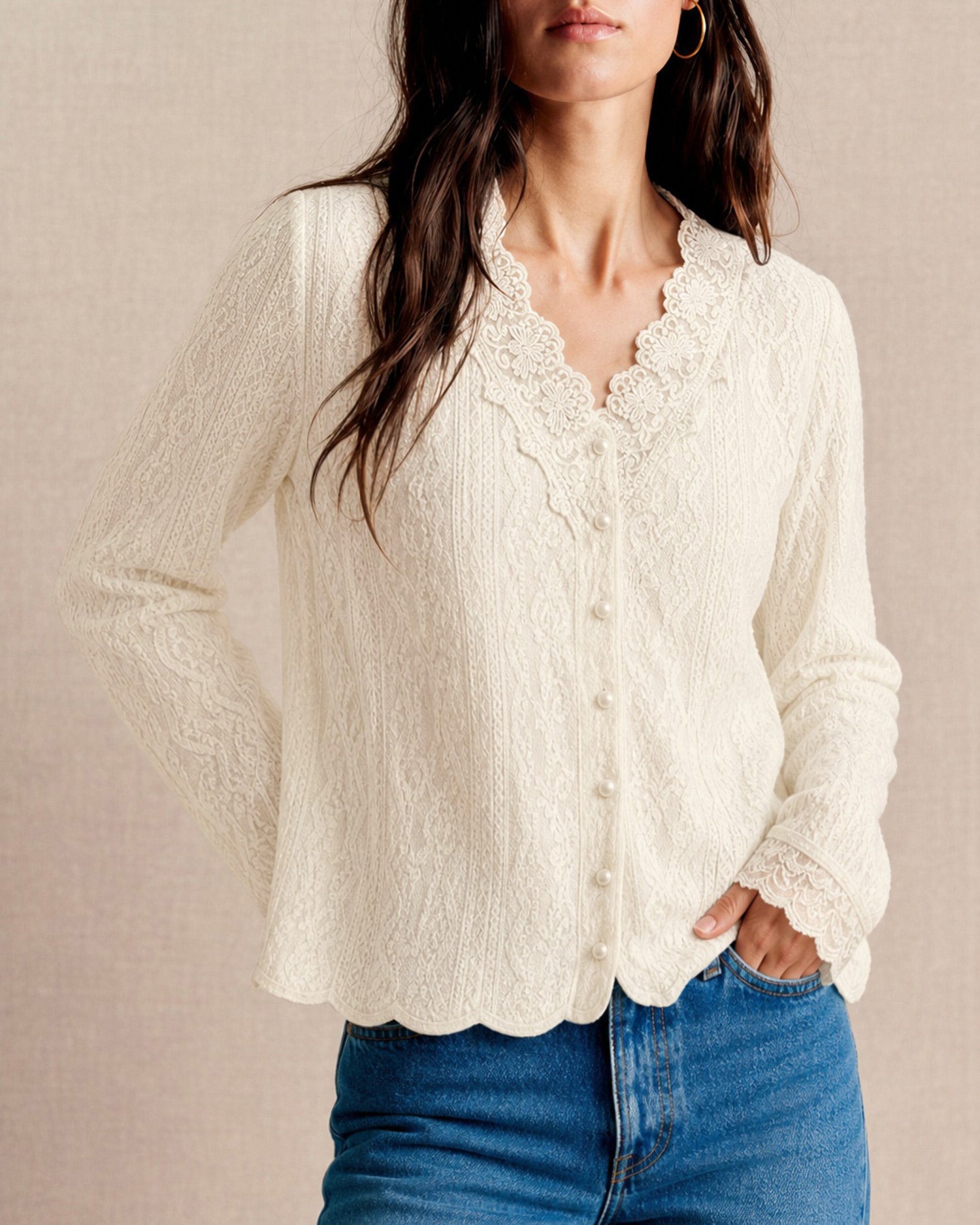 Apricot V Neck Floral Knit Cardigan 01
