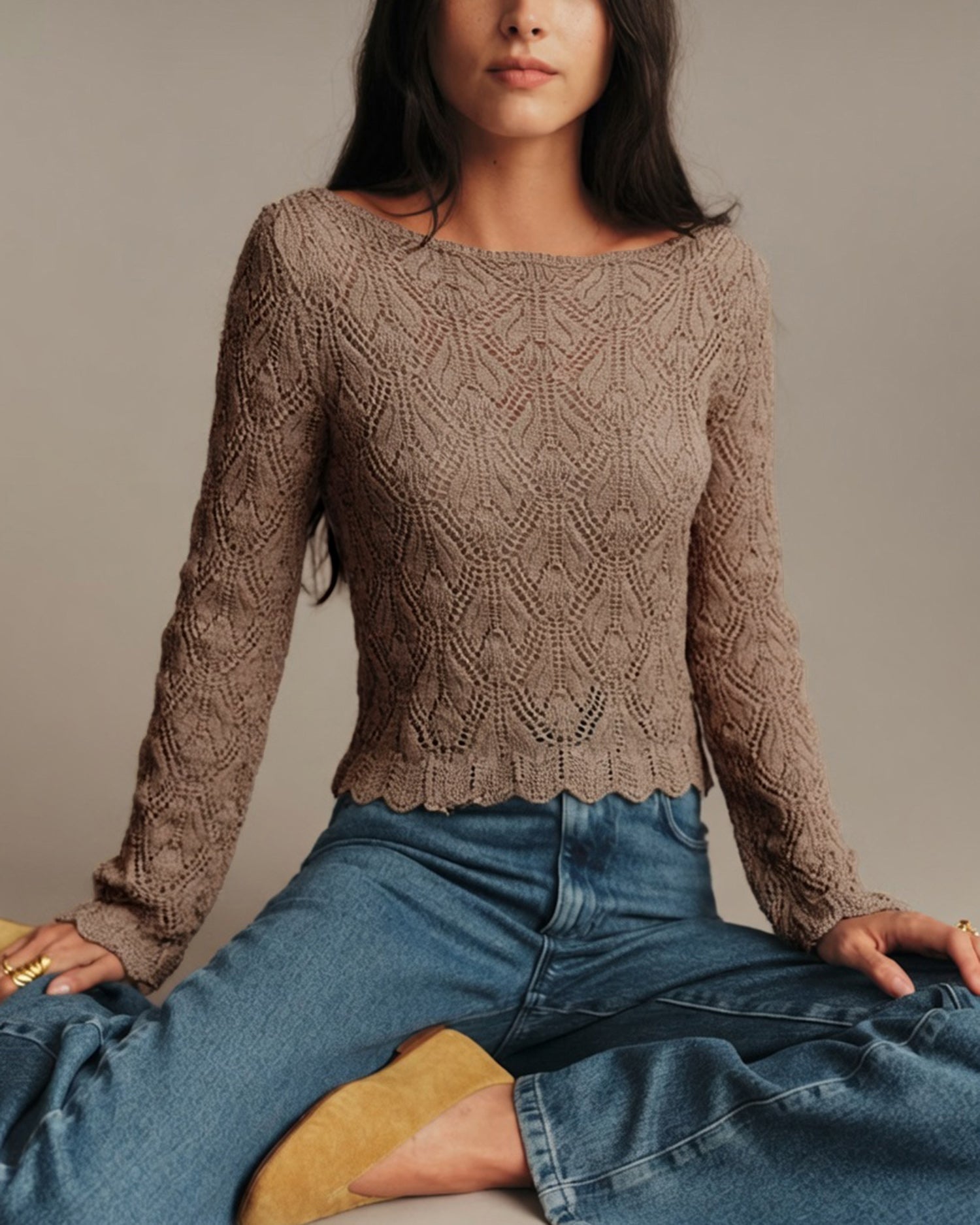 Women's Polyester Knit Sweater Brown - RIHOAS