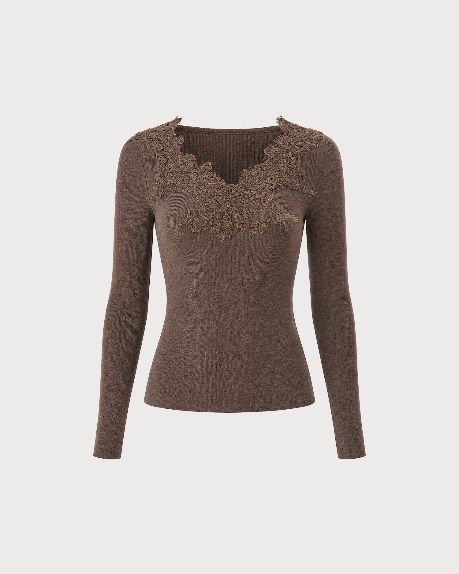 Coffee V Neck Lace Knit Sweater 02