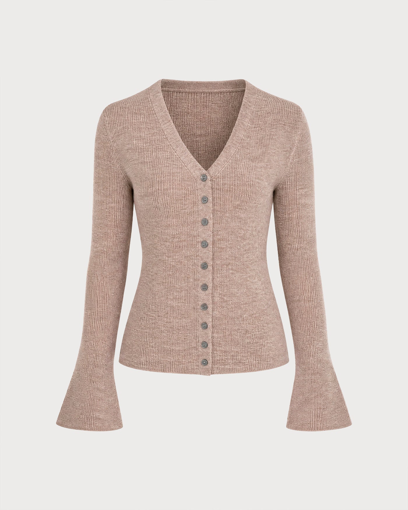 Camel V Neck Bell Sleeve Knit Cardigan 02