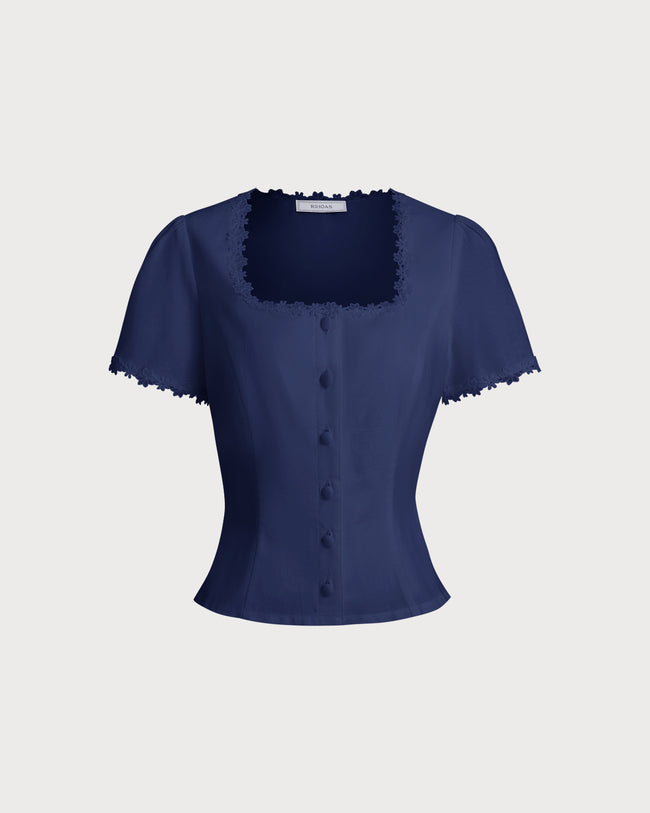 Women's Woven Cotton Blouses Navy Tops - RIHOAS