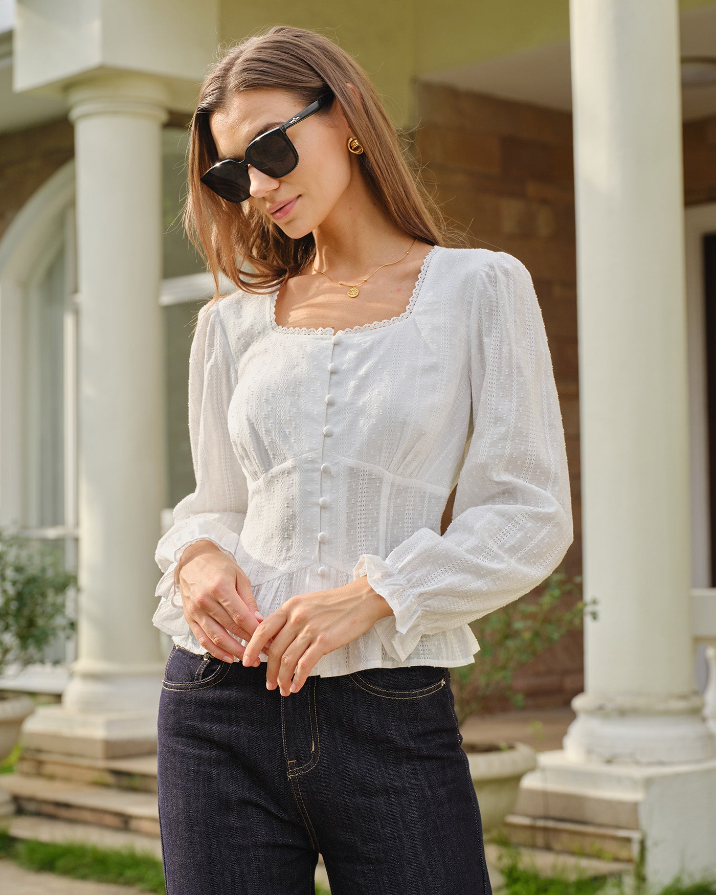 White Square Neck Textured Blouse 03