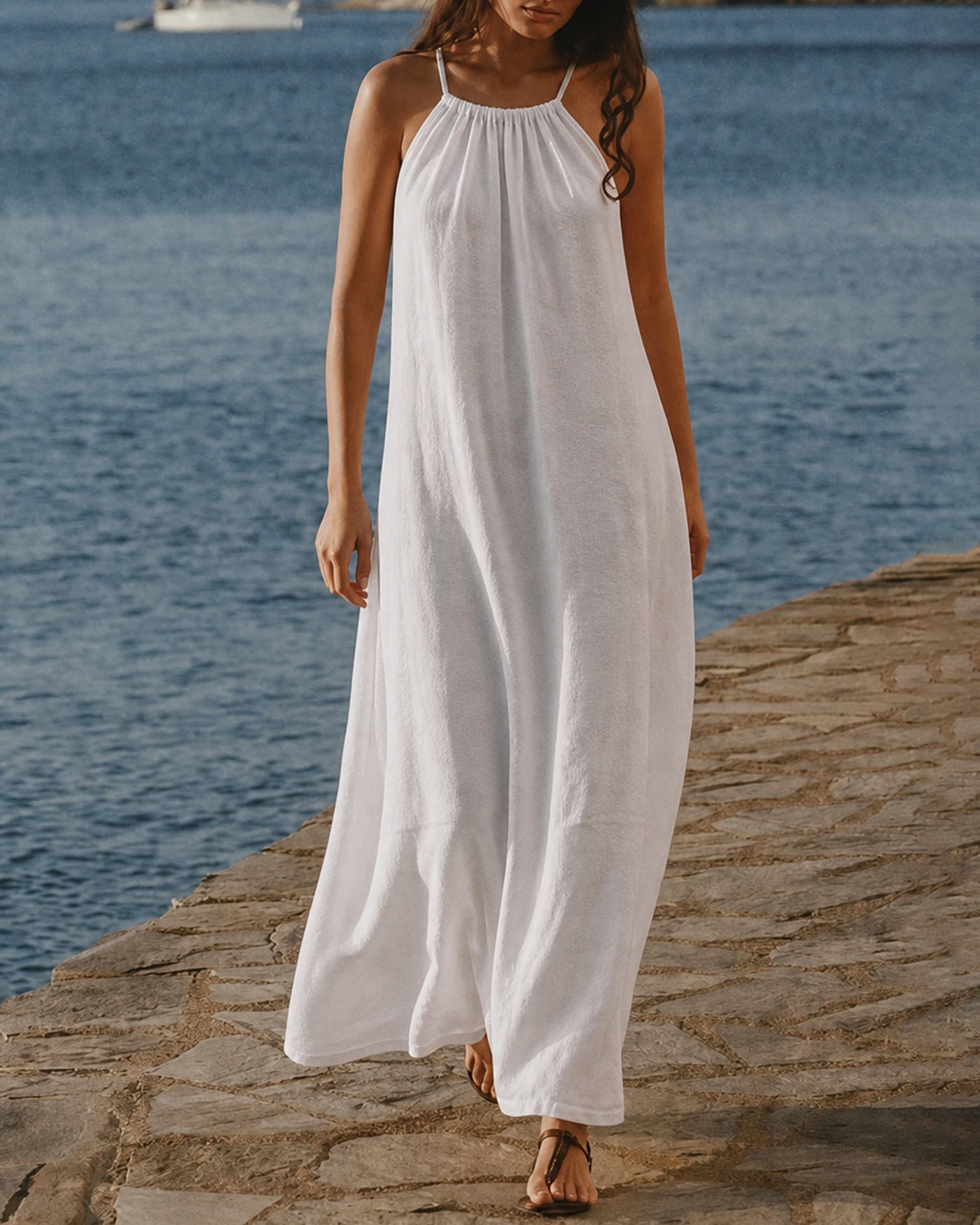 Women's Woven Cotton Maxi Dress White Dresses - RIHOAS