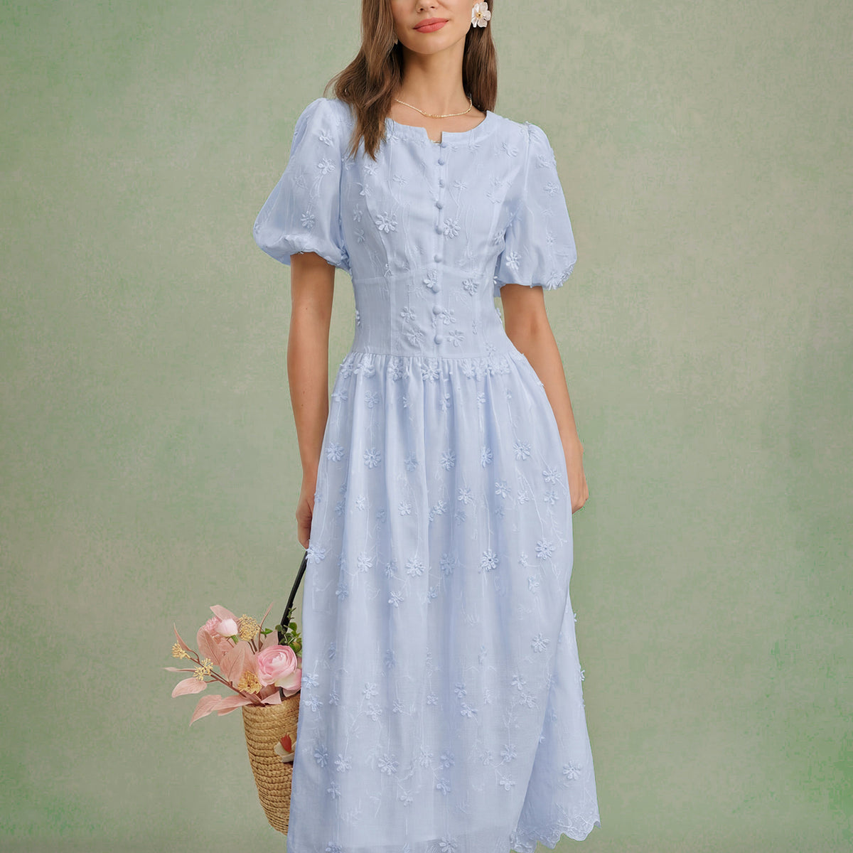 midi dress light blue sunflower dress