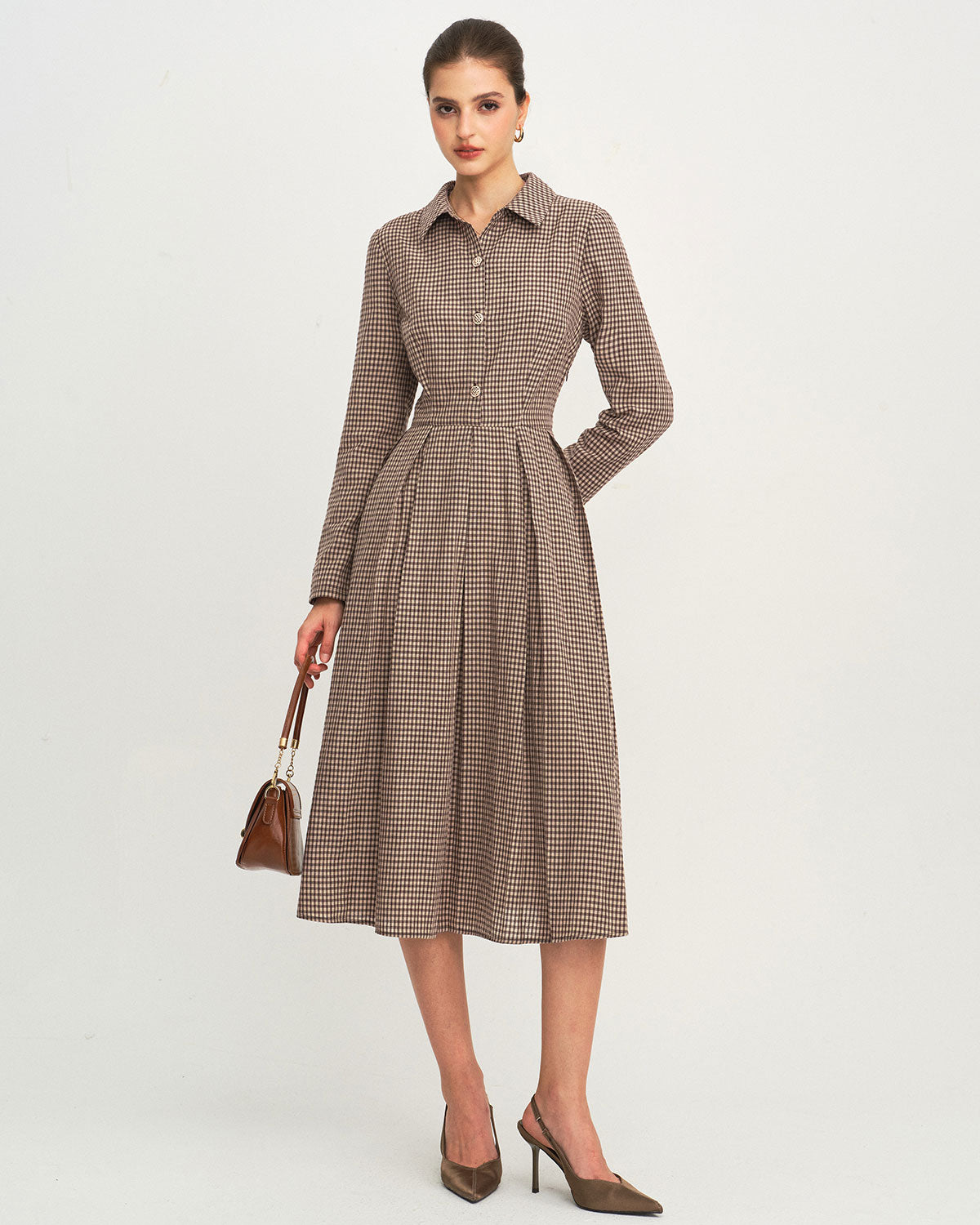 Women's Woven Cotton Midi Dress Brown Dresses - RIHOAS