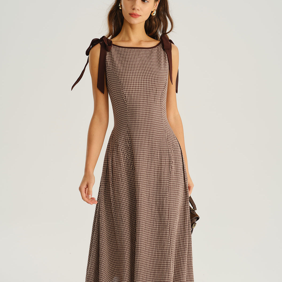 Brown Plaid Boat Neck A-Line Midi Dress & Reviews - Brown - Dresses