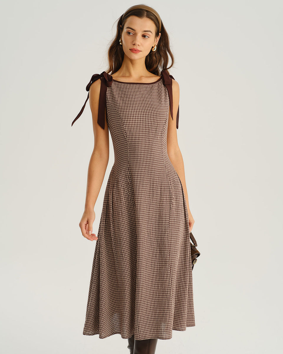 Brown Plaid Boat Neck A-Line Midi Dress & Reviews - Brown - Dresses | RIHOAS Brown Plaid Boat Neck A-Line Midi Dress & Reviews - Brown - Dresses | RIHOAS