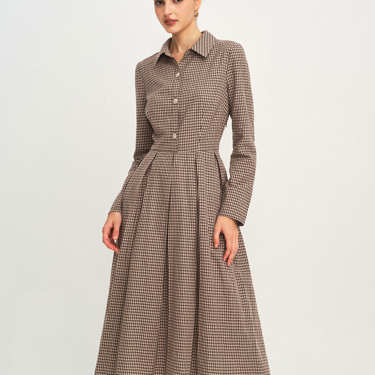 dawn midi dress in brown gingham product info and reviews Gingham Daydream Midi Dress