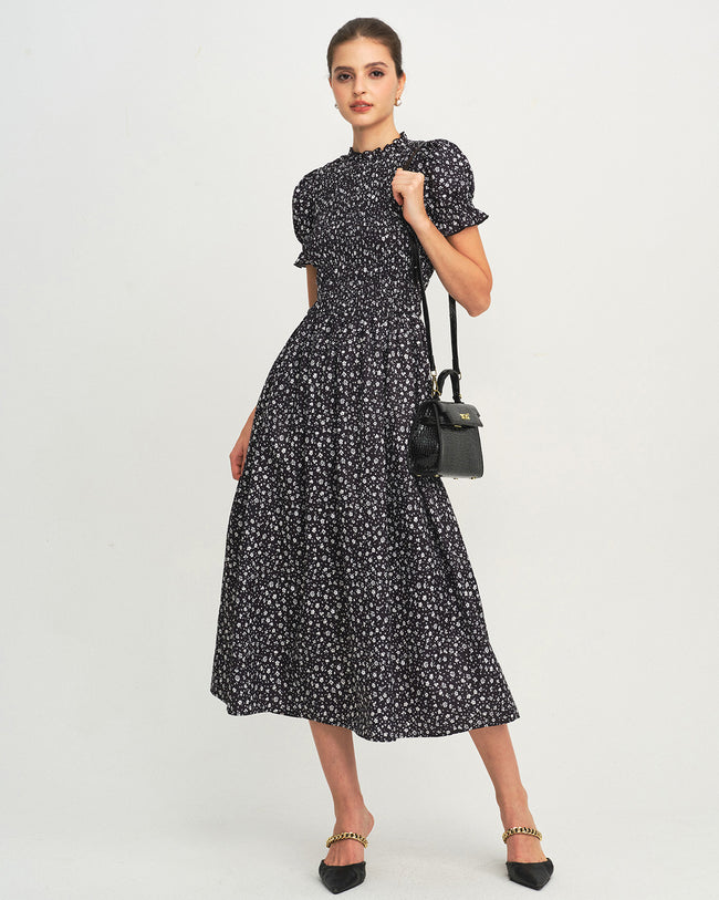 Women's Woven Cotton Midi Dresses Black Dresses - RIHOAS