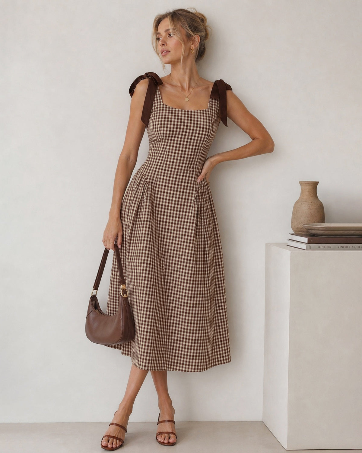 Women's Woven Cotton Midi Dresses Brown - RIHOAS