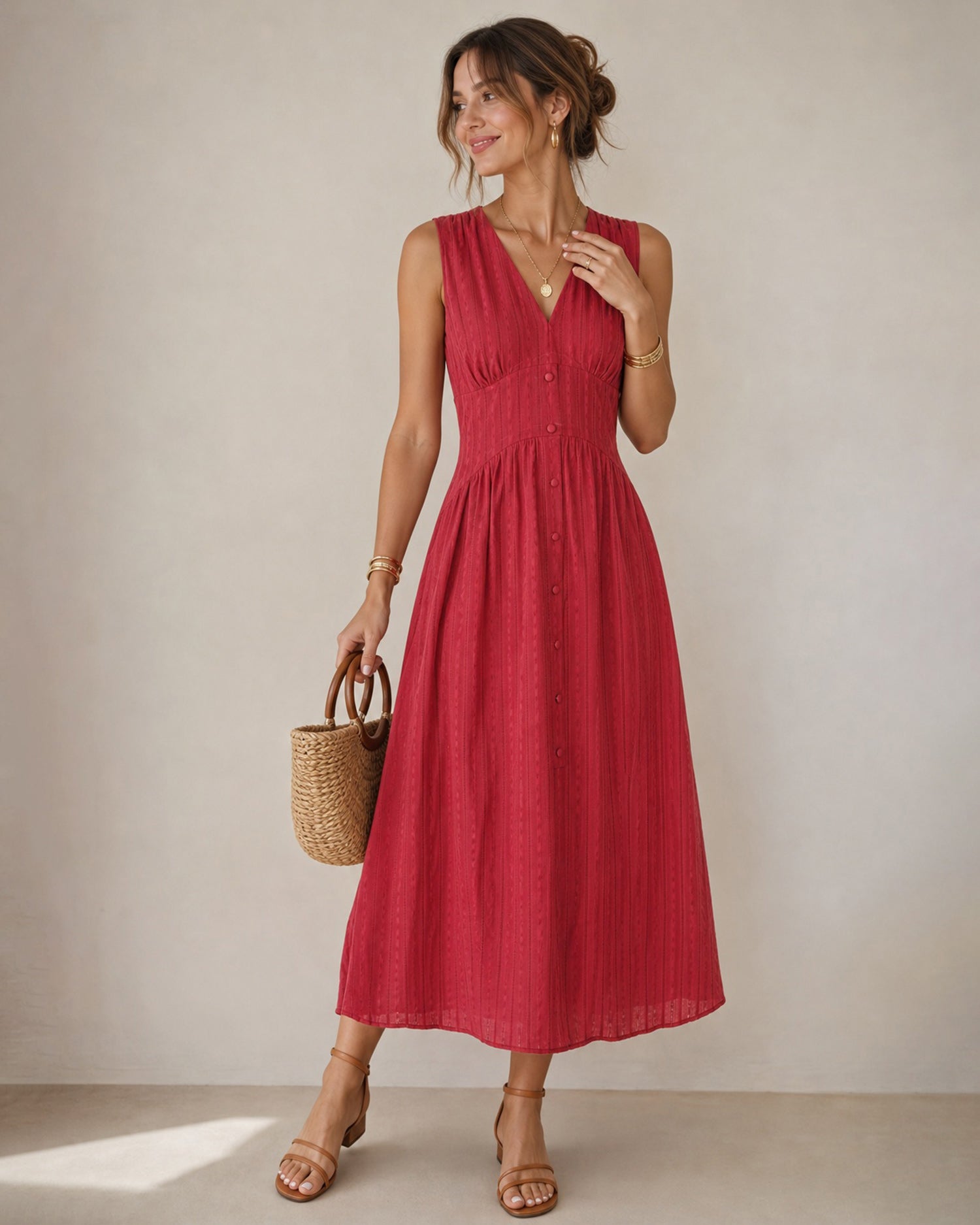 Red V Neck Sleeveless Button Midi Dress 01