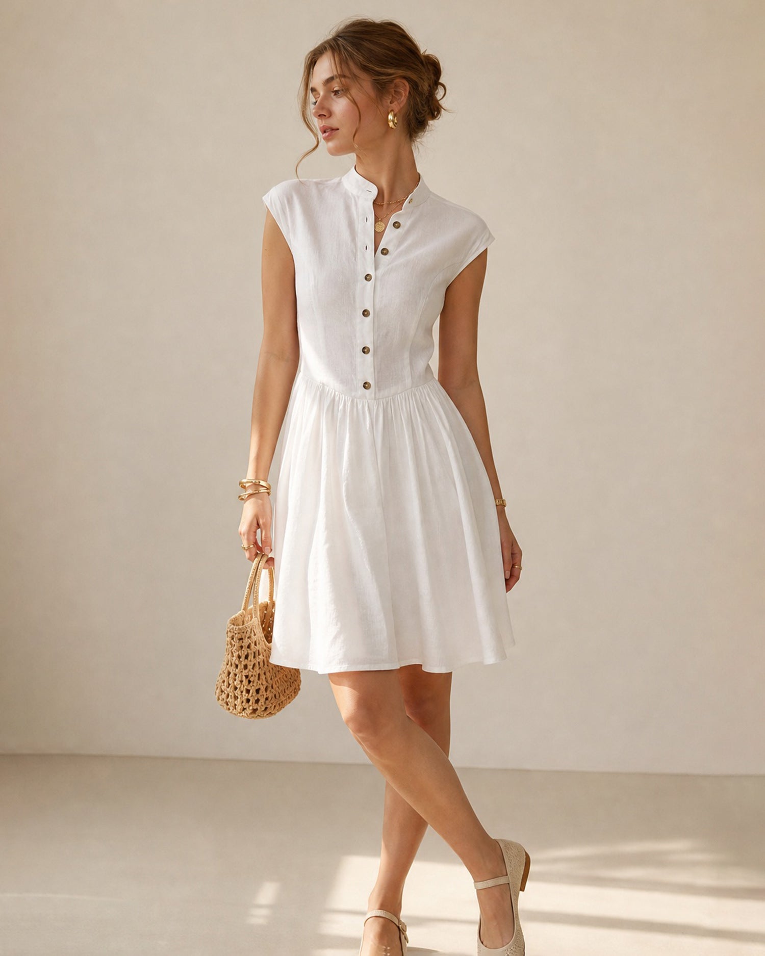 White Mandarin Collar A-Line Mini Dress White - RIHOAS