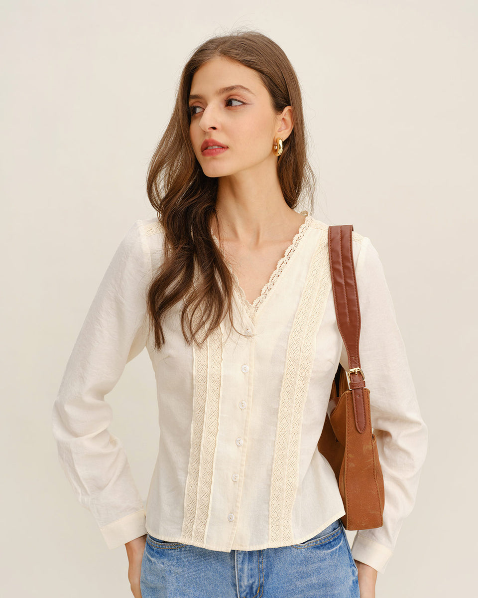 Hollow-out Top Sun Protection Apricot V-Neck Asymmetrical Neckline Preppy Style