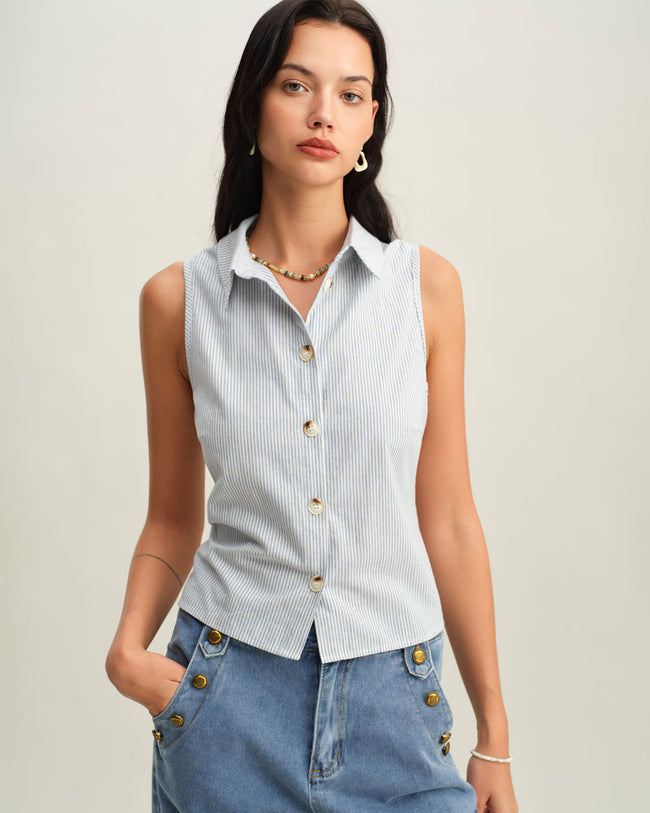 Women's Woven Cotton Shirts Blue Tops - RIHOAS