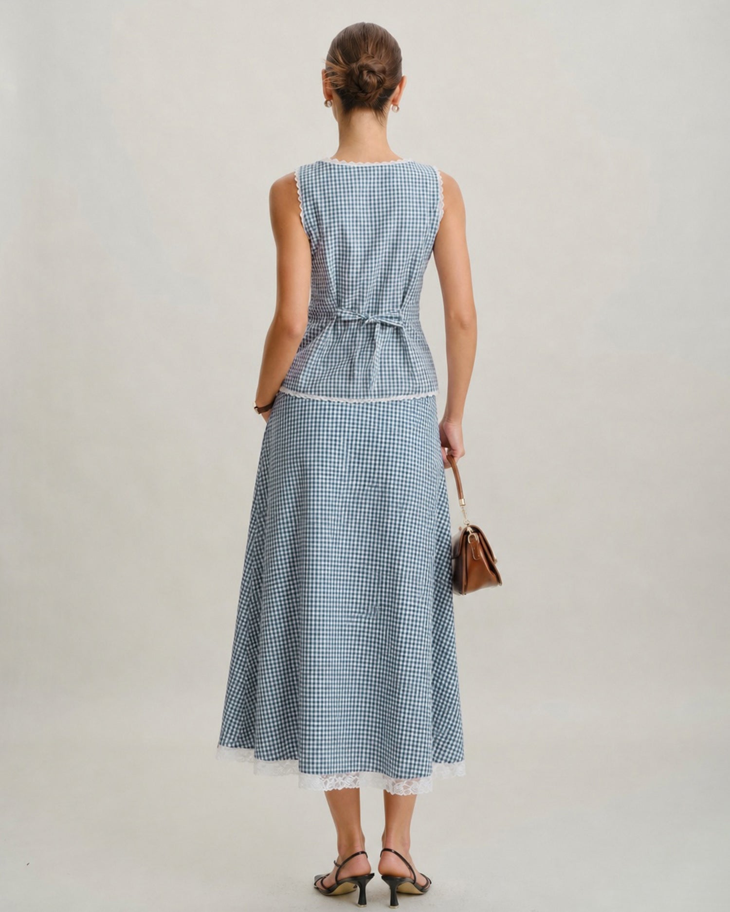 Blue Plaid Lace Pockets Midi Skirt - RIHOAS - 04