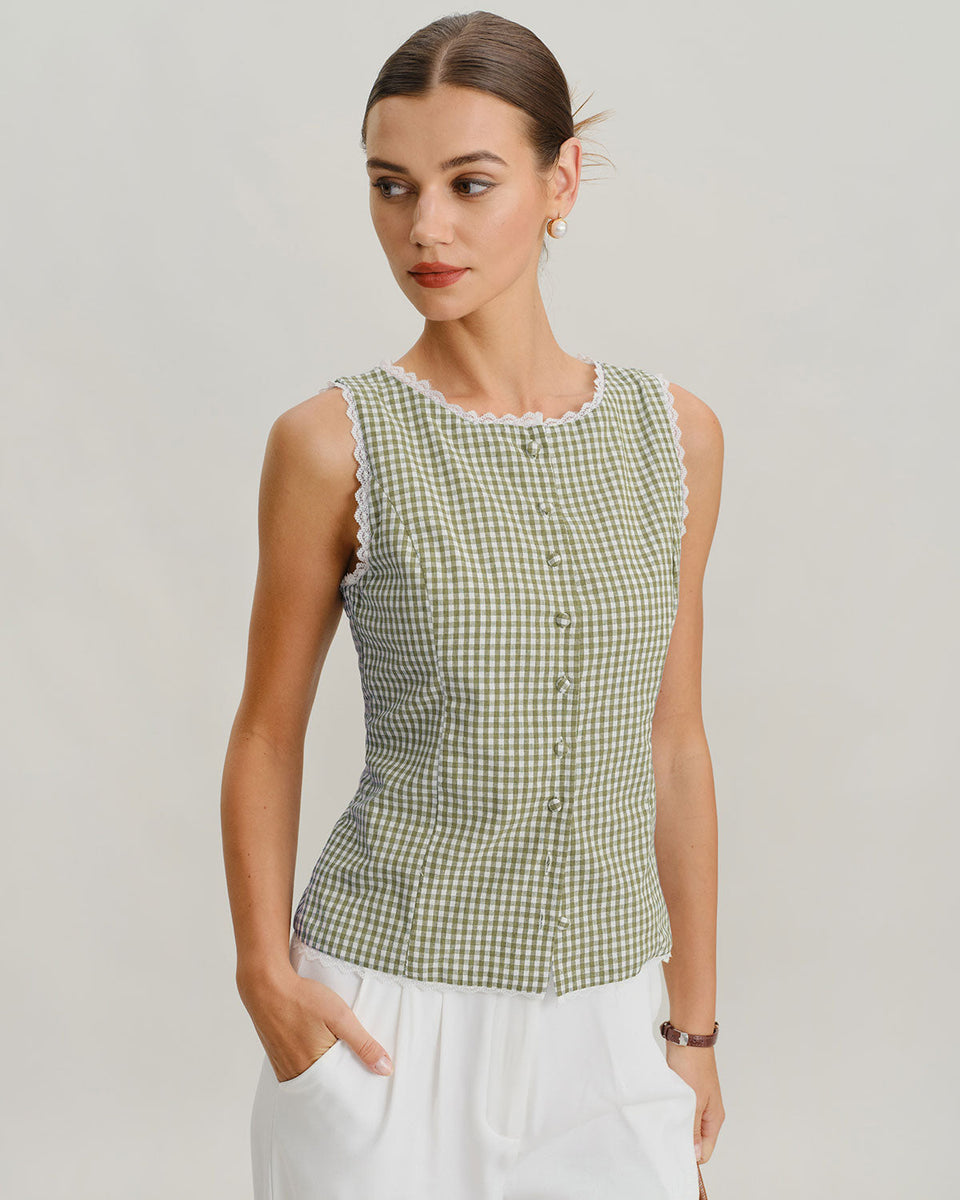 Light Green Boat Neck Plaid Tank Top & Reviews - Green,Light Green