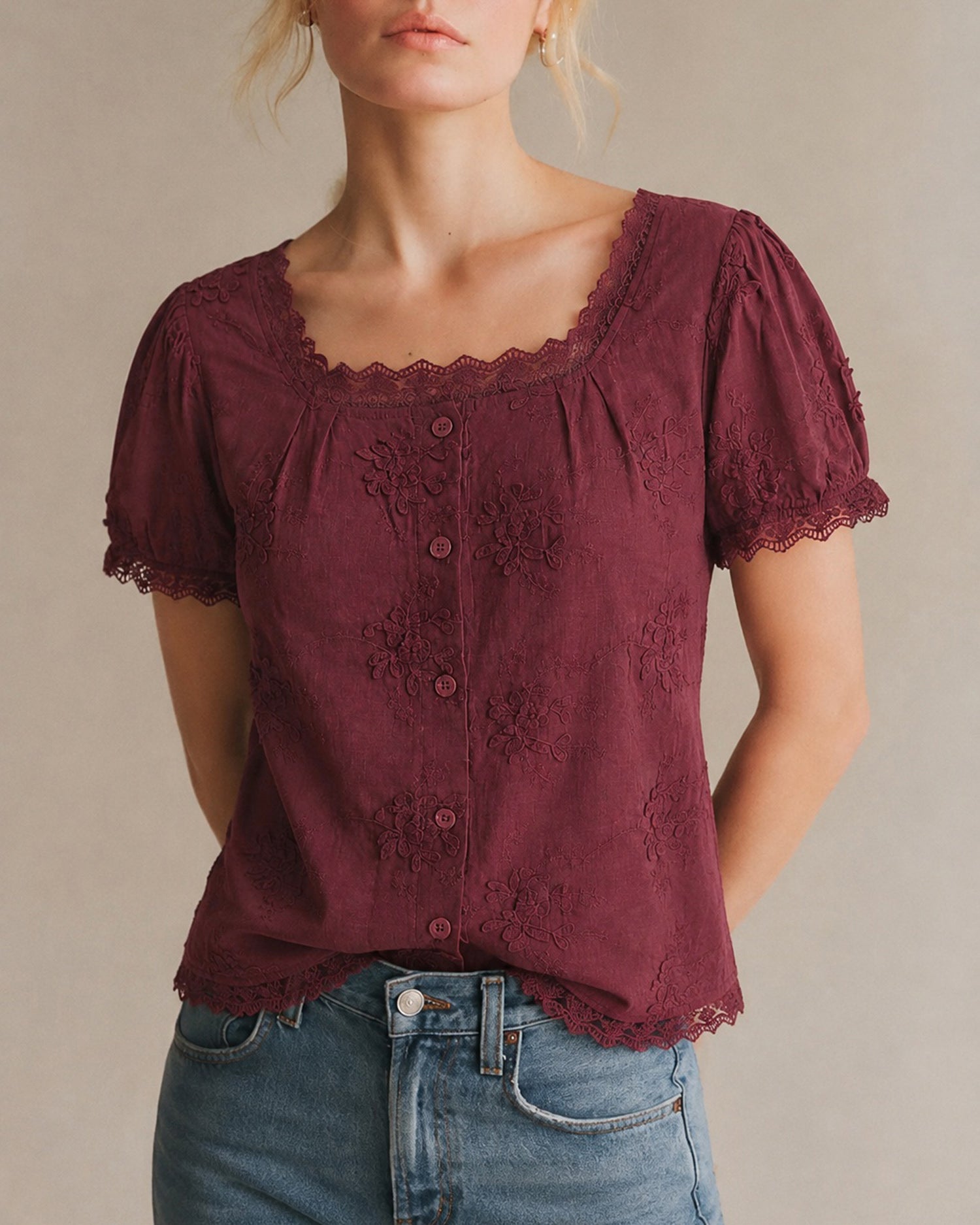 Women's Woven Cotton Top Wine Red Tops - RIHOAS