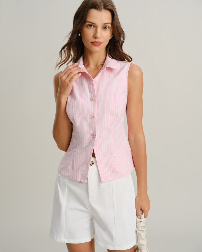 Women's Woven Cotton Vest Pink Tops - RIHOAS